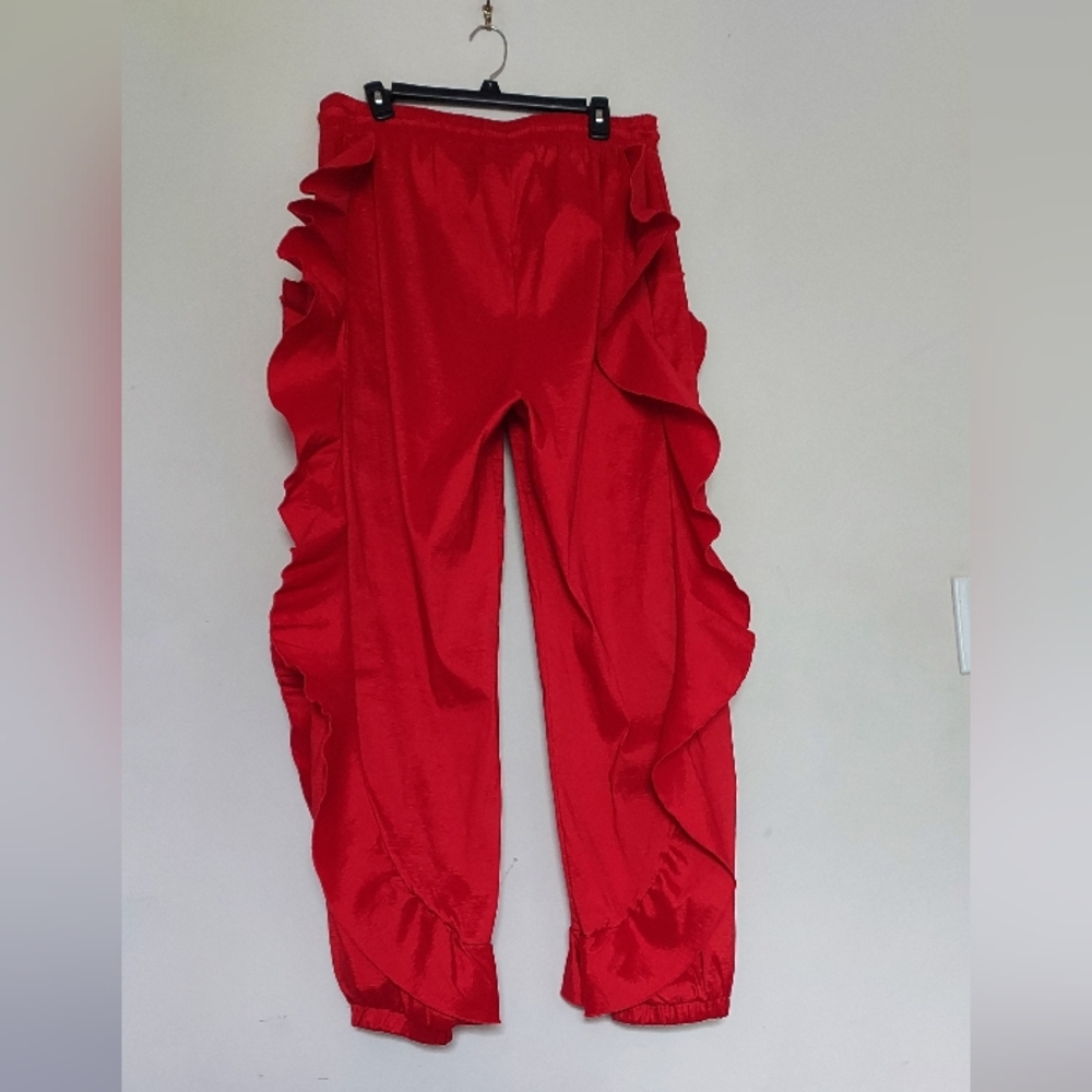 Love Highlight Dressy High Waist Red Ruffle Edge Pants With Elastic Waist Sz-3XL - Picture 3 of 6